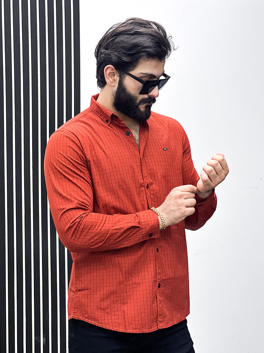 Single Lining Check Men Full Sleeve Cotton Shirt In Red Brick