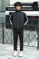 Turbo Strip Panel Men Zipper Tracksuit In Black