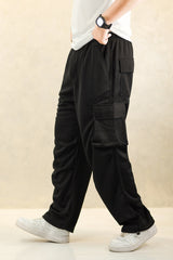 Turbo 6 Pockets Loose Bottom Imported Pk Cotton Baggy Trouser In Black