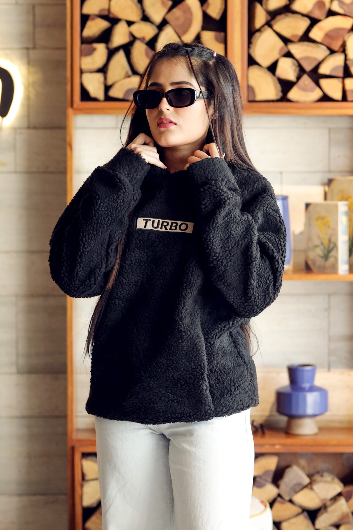 Turbo Cozy Imported Sherpa-Lined Hoodie - Women In Black