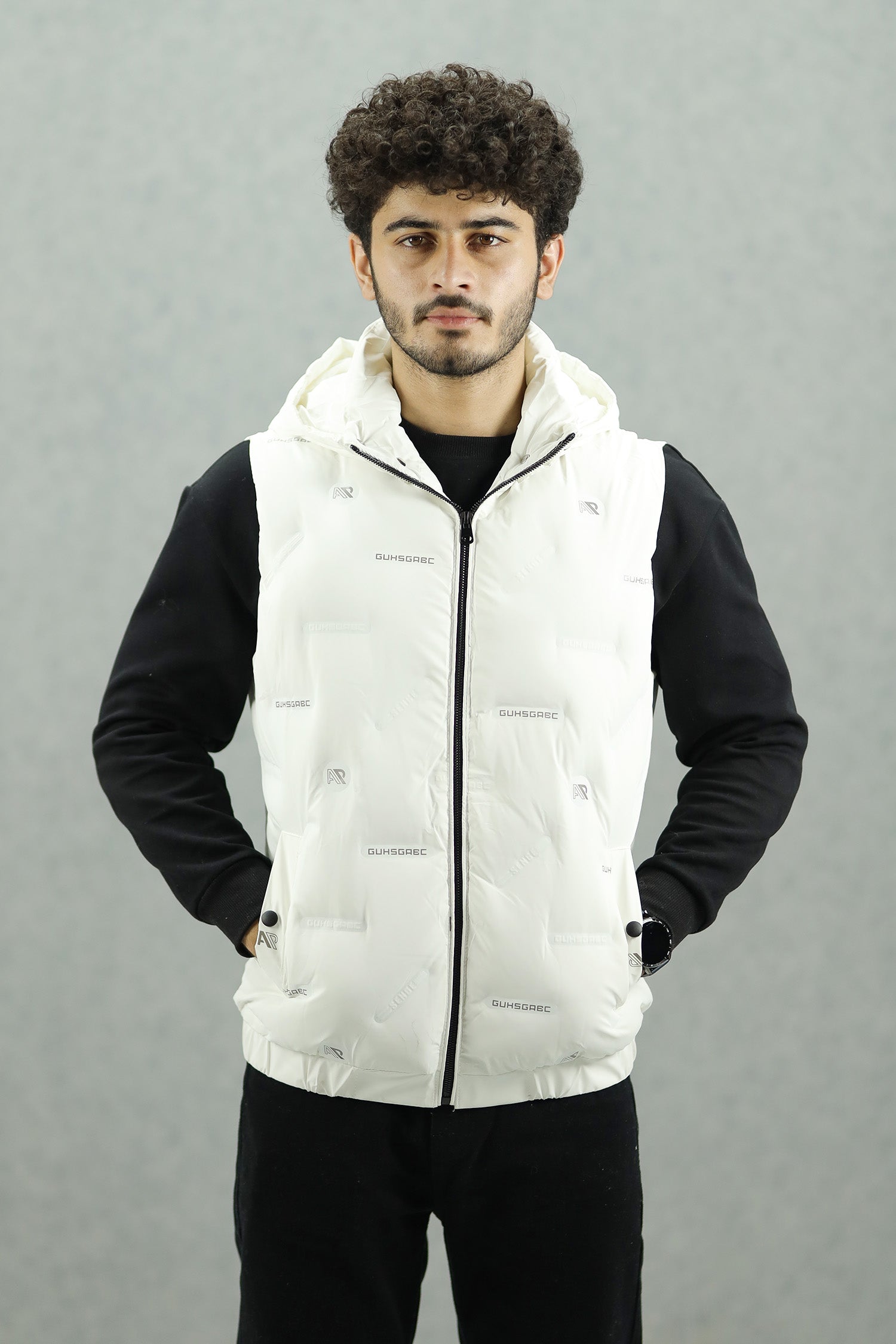 Embossed Design Quilted Detachable Hood Imported Men's Gilet