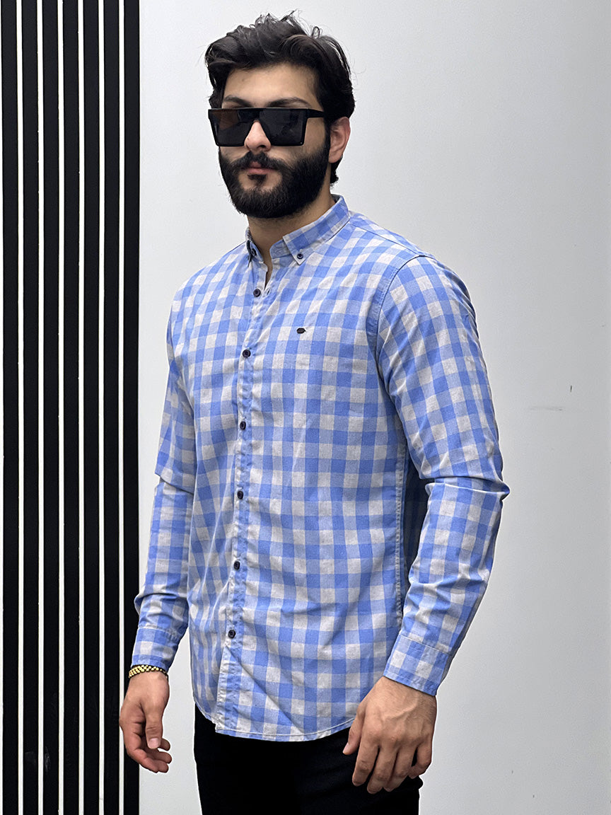 Box Checked Design Men Full Sleeve Cotton Shirt In Sky Blue