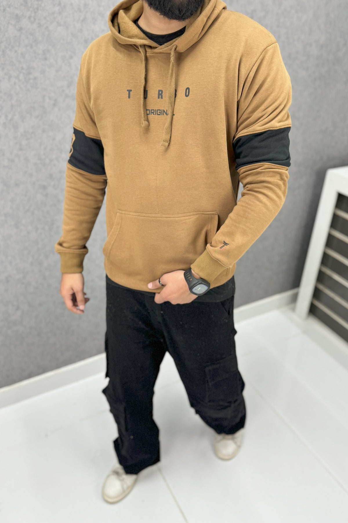 Turbo Original Elbow Writing Panel Fleece Hoodie In Camel