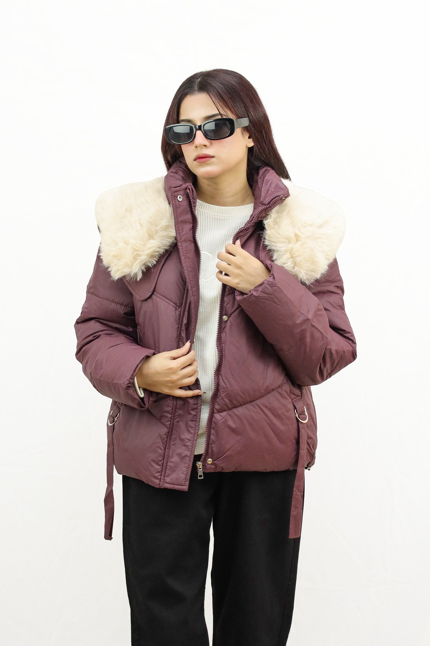 Fur Collar Trimmed Quilted Women Imported Puffer Jacket