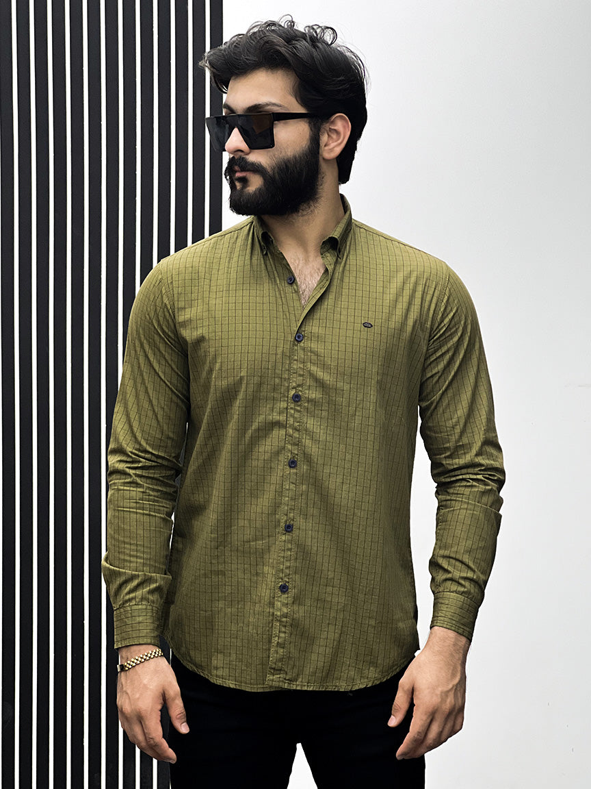 Single Lining Check Men Full Sleeve Cotton Shirt In Olive