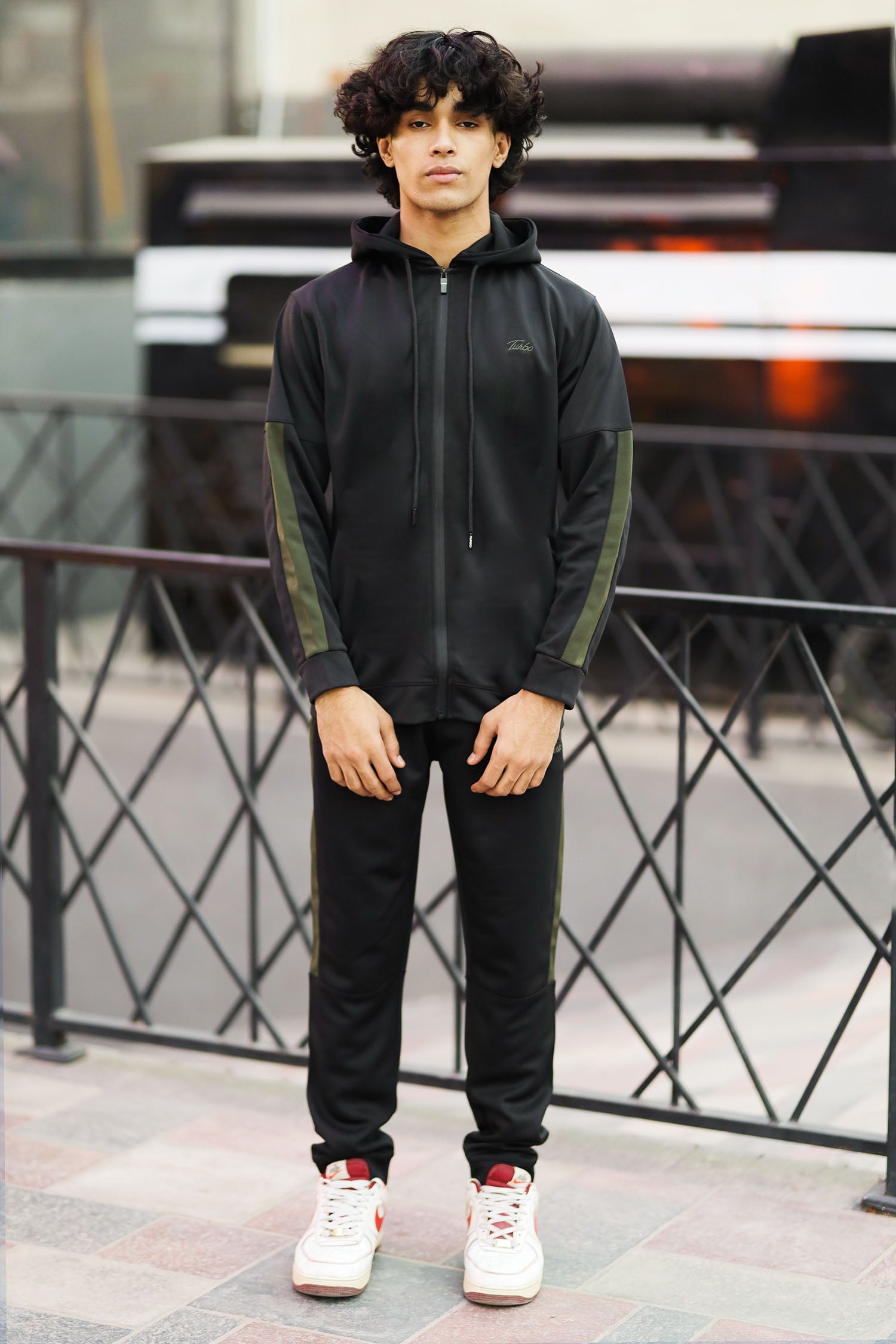 Turbo Hood Style Men Zipper Tracksuit In Black