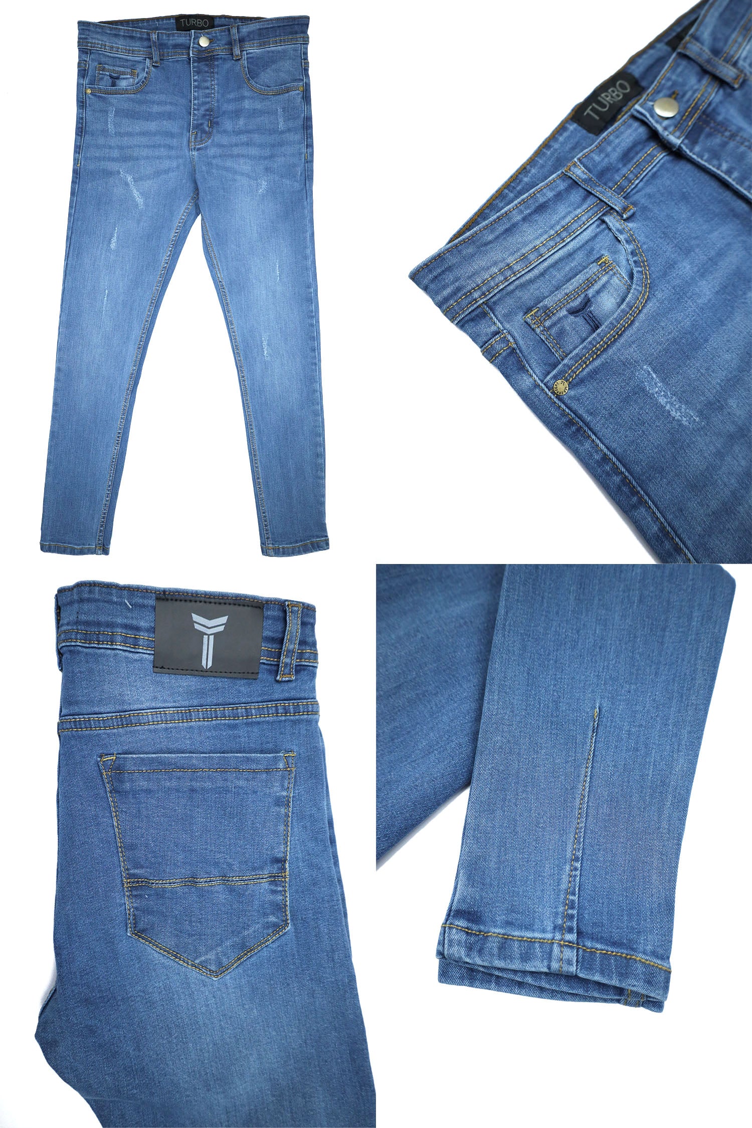 Ankle Fit Ripped Turbo Jeans In Mid Blue