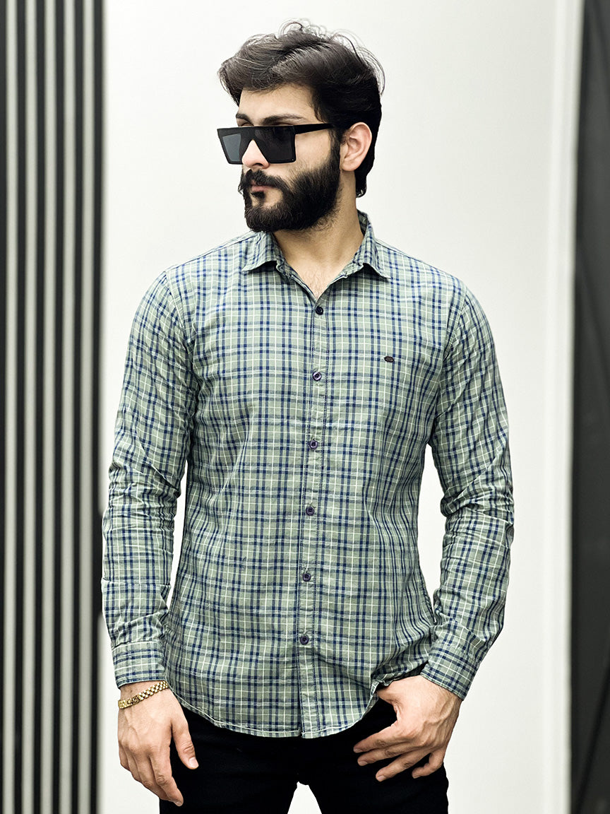 Window Check Men Full Sleeve Cotton Shirt In Light Green
