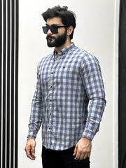Box Checked Design Men Full Sleeve Cotton Shirt In Light Grey