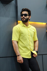 Embossed Leaf Floral All Over Casual Shirt In Light Yellow