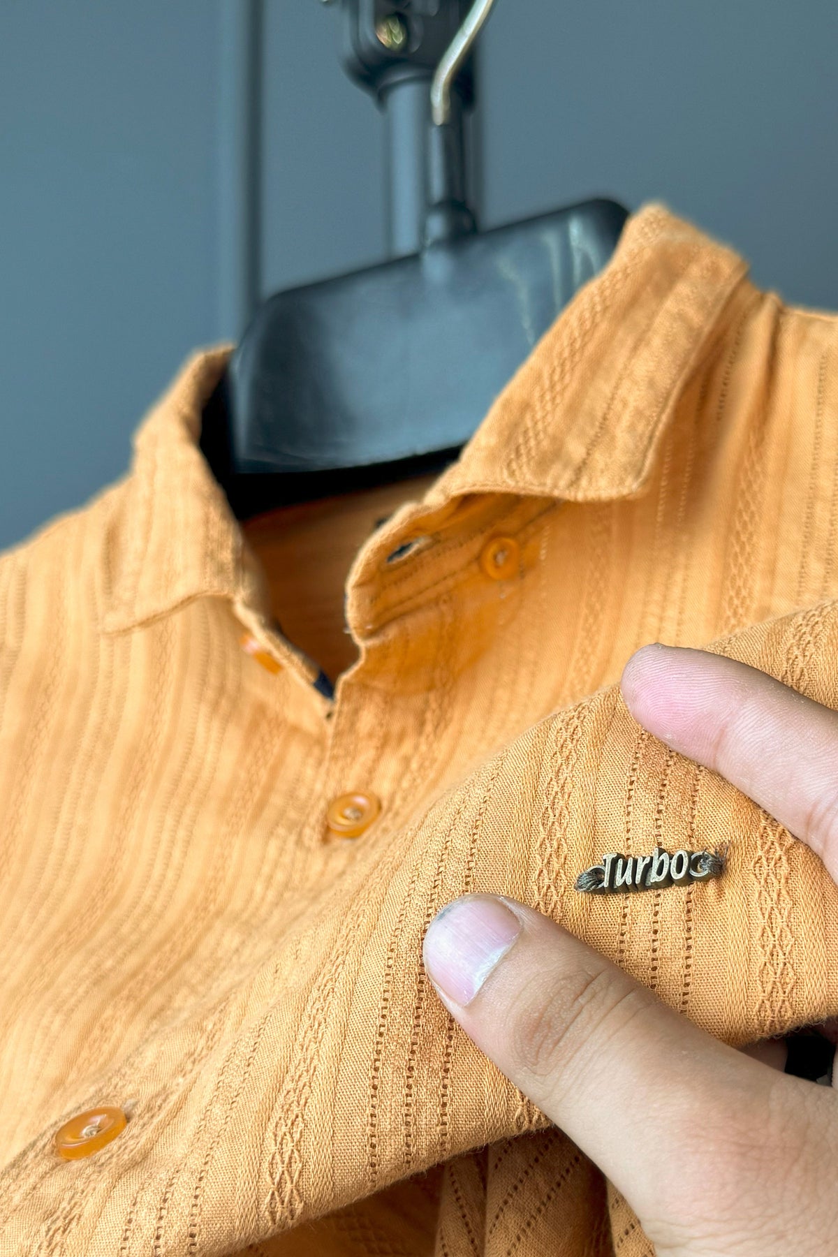 Turbo Self Stripe Motif Long Sleeve Cotton Casual Shirt In Mustard
