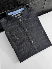 Self Textured Cotton Shirt In Charcoal