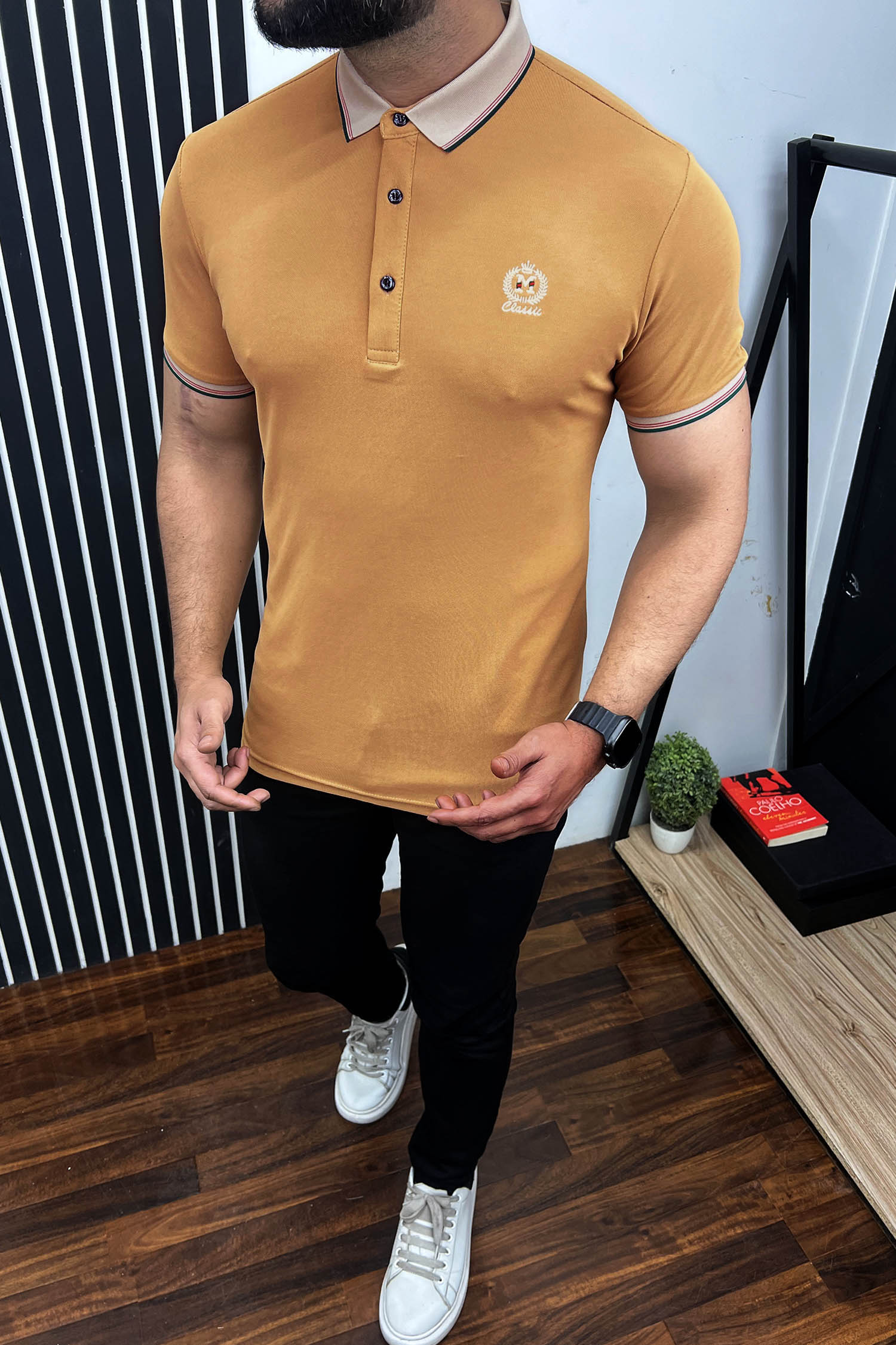 Branded Embroidered Front Logo Polo Shirt In Light Camel