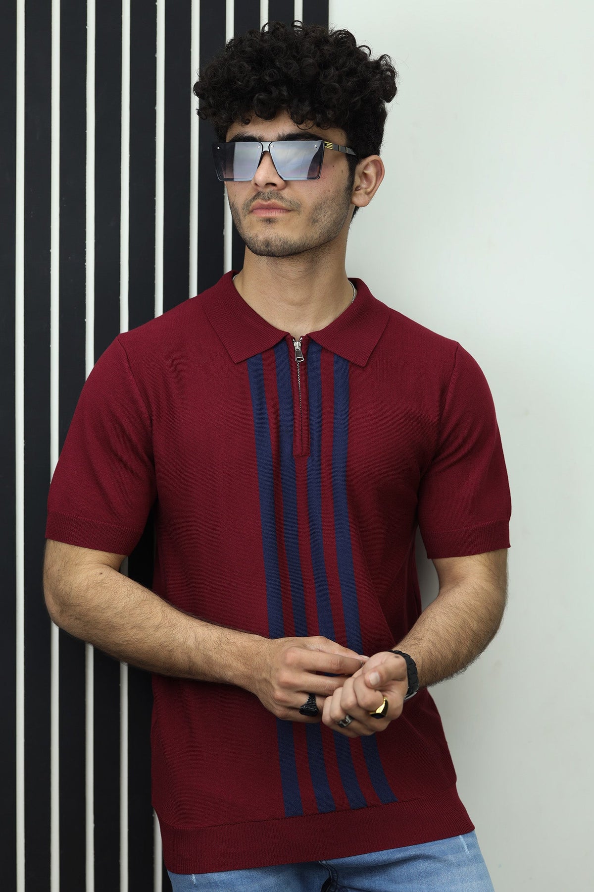 Front 4 Stripes Jumper Polo Shirt In Maroon