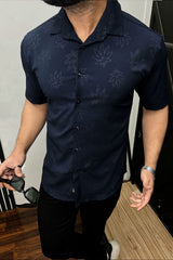 Embossed Leaf Floral All Over Casual Shirt In Dark Navy