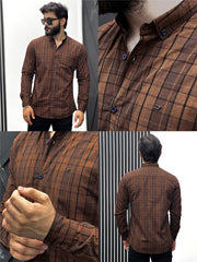 Lining Check Design Men Full Sleeve Cotton Shirt In Coffee