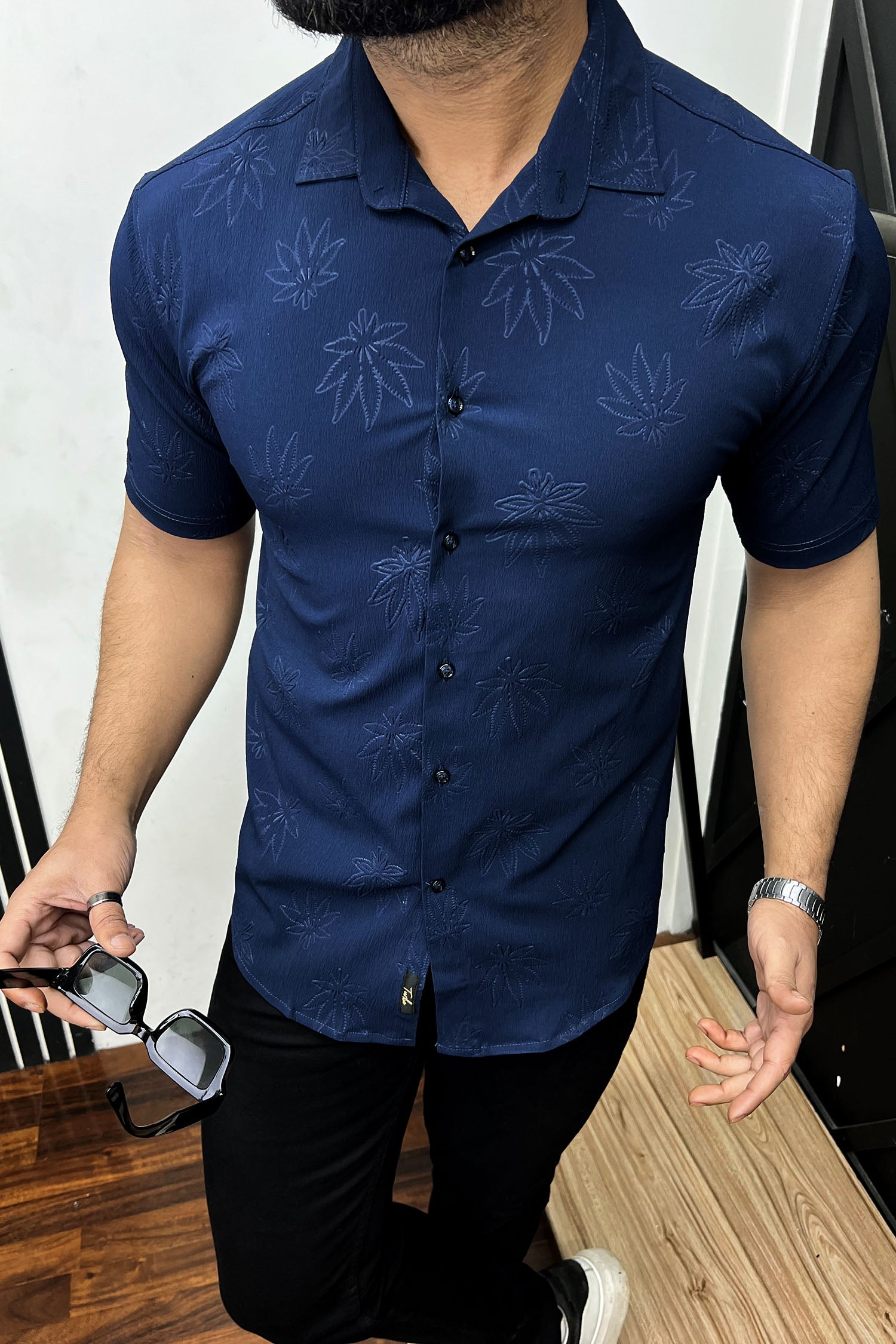 Embossed Leaf Floral All Over Casual Shirt In Navy Blue