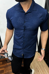 Embossed Leaf Floral All Over Casual Shirt In Navy Blue