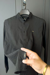 Turbo Self Stripe Motif Long Sleeve Cotton Casual Shirt In Black