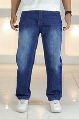 Loose Fit Pure Color Turbo Jeans in Mid Blue