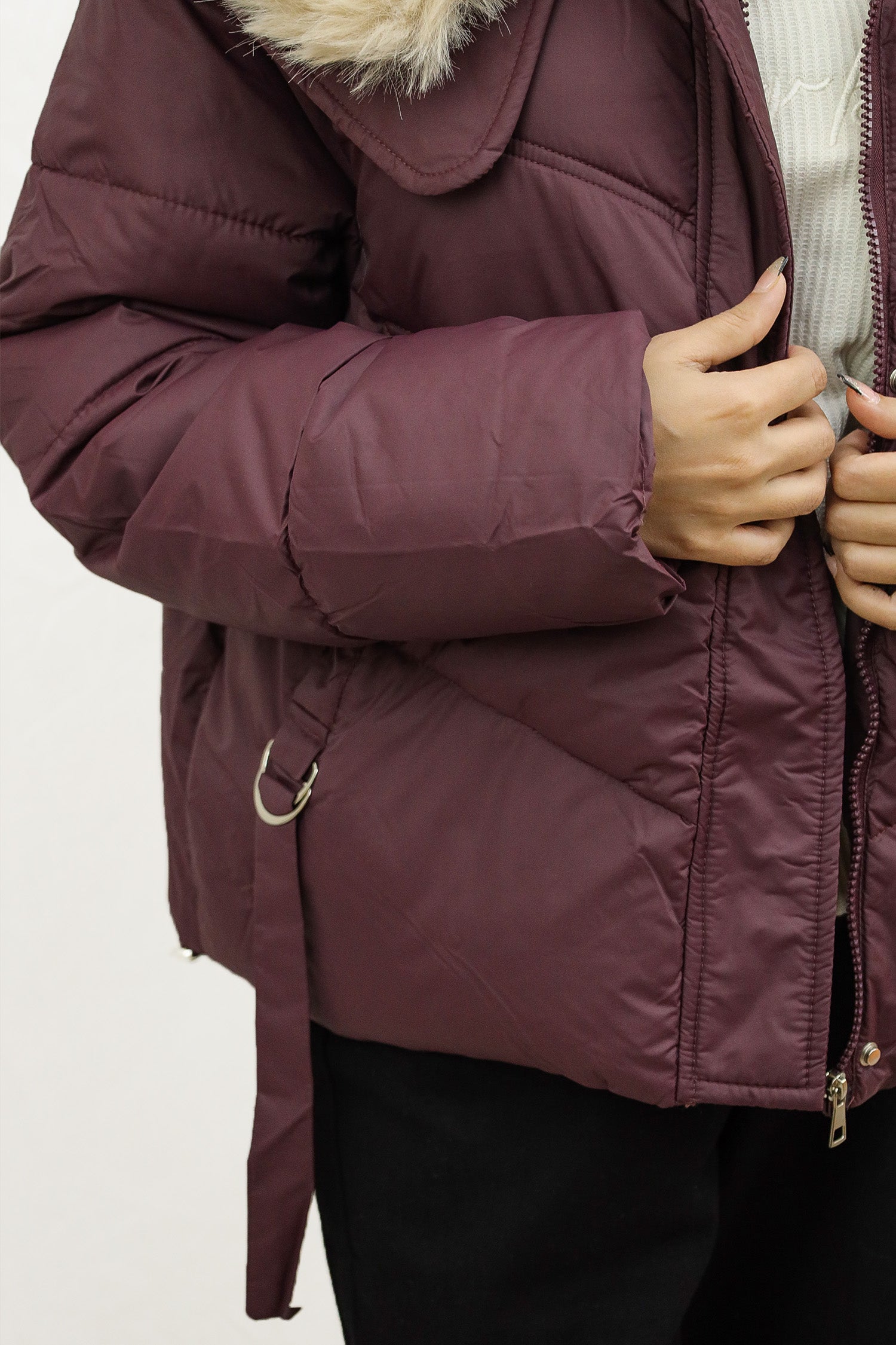 Fur Collar Trimmed Quilted Women Imported Puffer Jacket