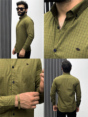 Single Lining Check Men Full Sleeve Cotton Shirt In Olive