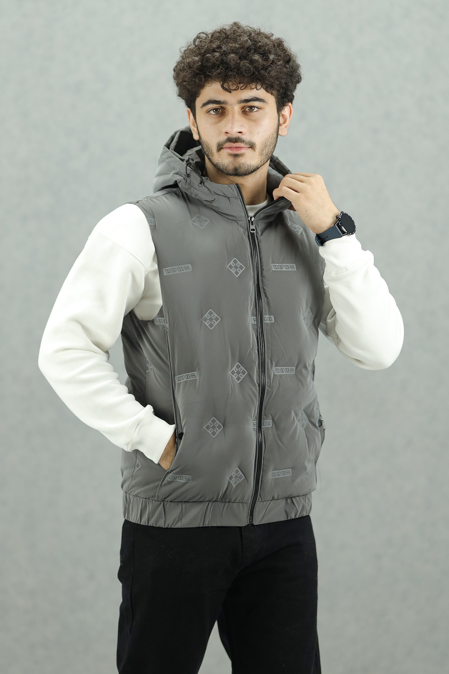 All Over Logo Detachable Hooded Imported Men's Gilet