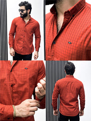 Single Lining Check Men Full Sleeve Cotton Shirt In Red Brick