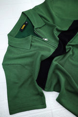 Half Zip Cropped Collar Turbo Jumper Polo Shirt in Green