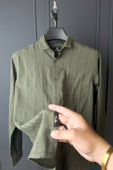 Turbo Self Stripe Motif Long Sleeve Cotton Casual Shirt In Camo Green