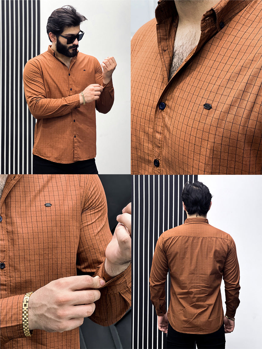 Single Lining Check Men Full Sleeve Cotton Shirt In Brown