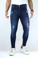 Ripped Ankle Fit Turbo Jeans In Dark Blue