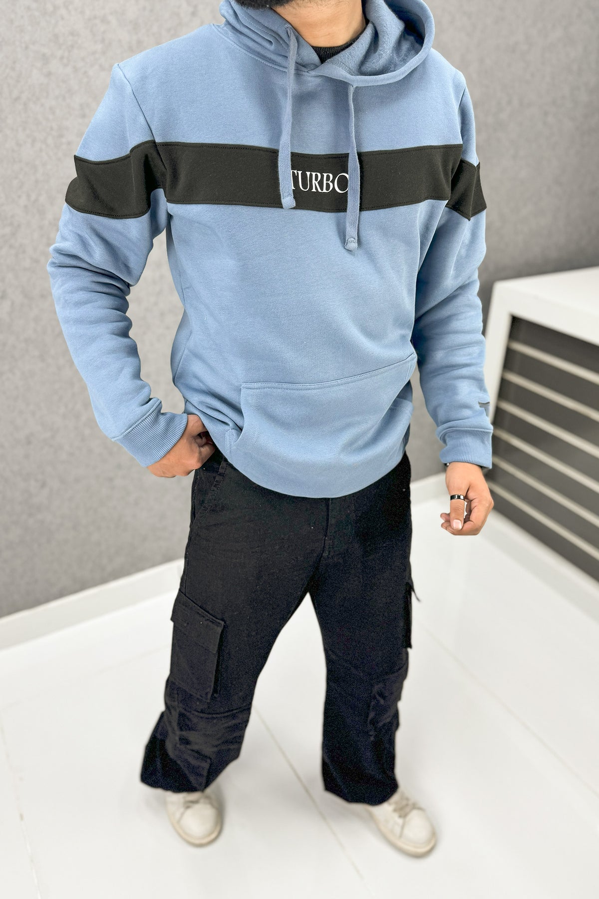 Turbo Panel Typography Fleece Hoodie In Light Blue