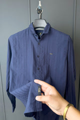 Turbo Self Stripe Motif Long Sleeve Cotton Casual Shirt In Navy Blue