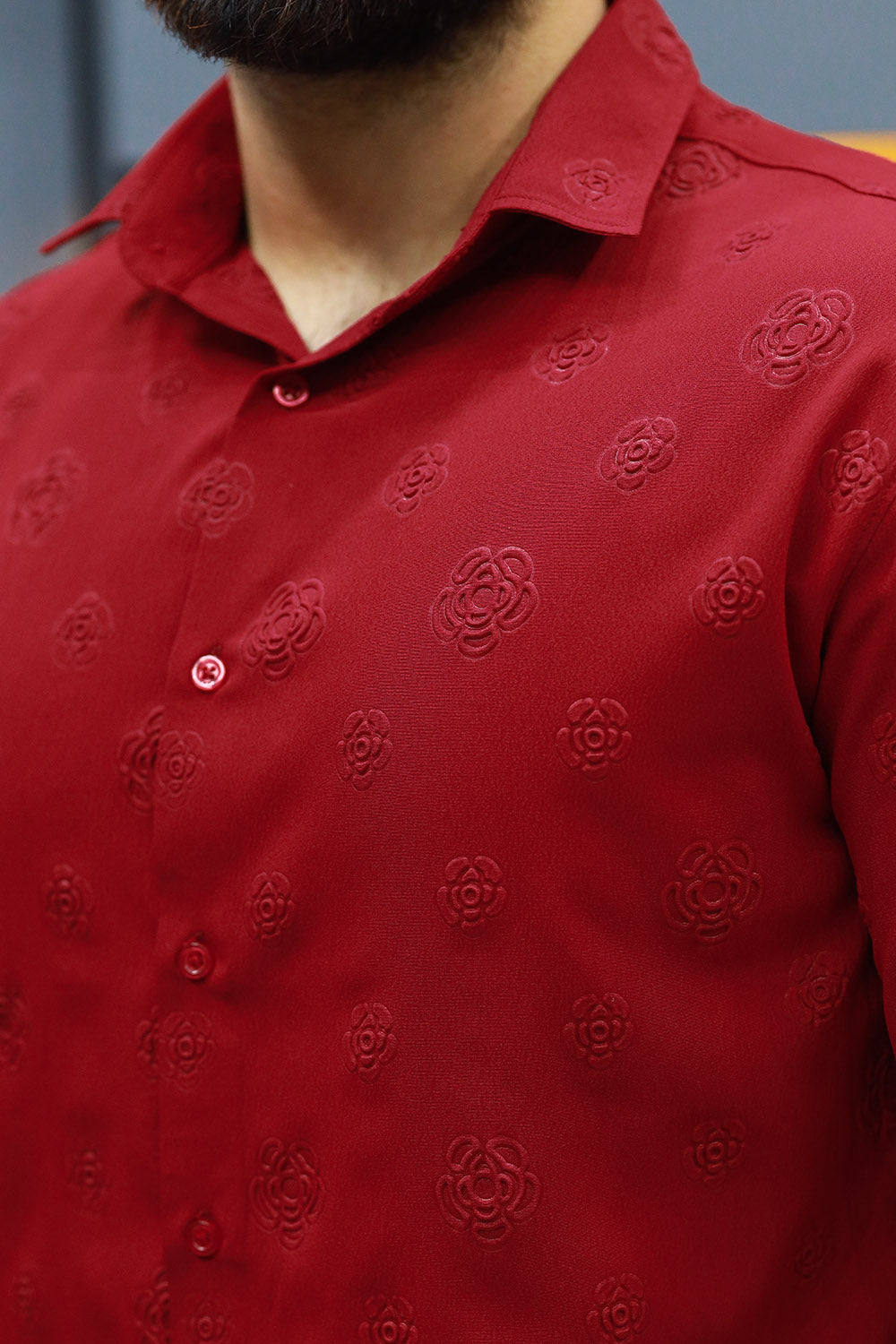 Embossed Floral All Over Casual Shirt In Maroon