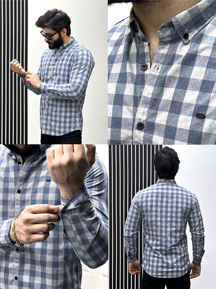 Box Checked Design Men Full Sleeve Cotton Shirt In Light Grey