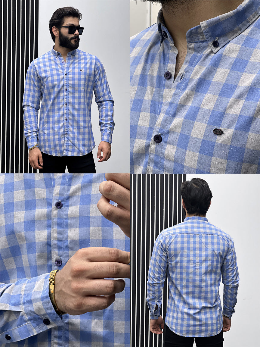 Box Checked Design Men Full Sleeve Cotton Shirt In Sky Blue