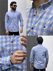 Box Checked Design Men Full Sleeve Cotton Shirt In Sky Blue