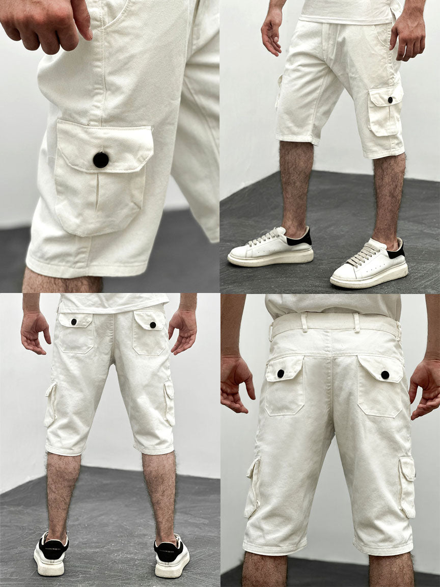 Vertical Lining Cargo Cotton Shorts In White