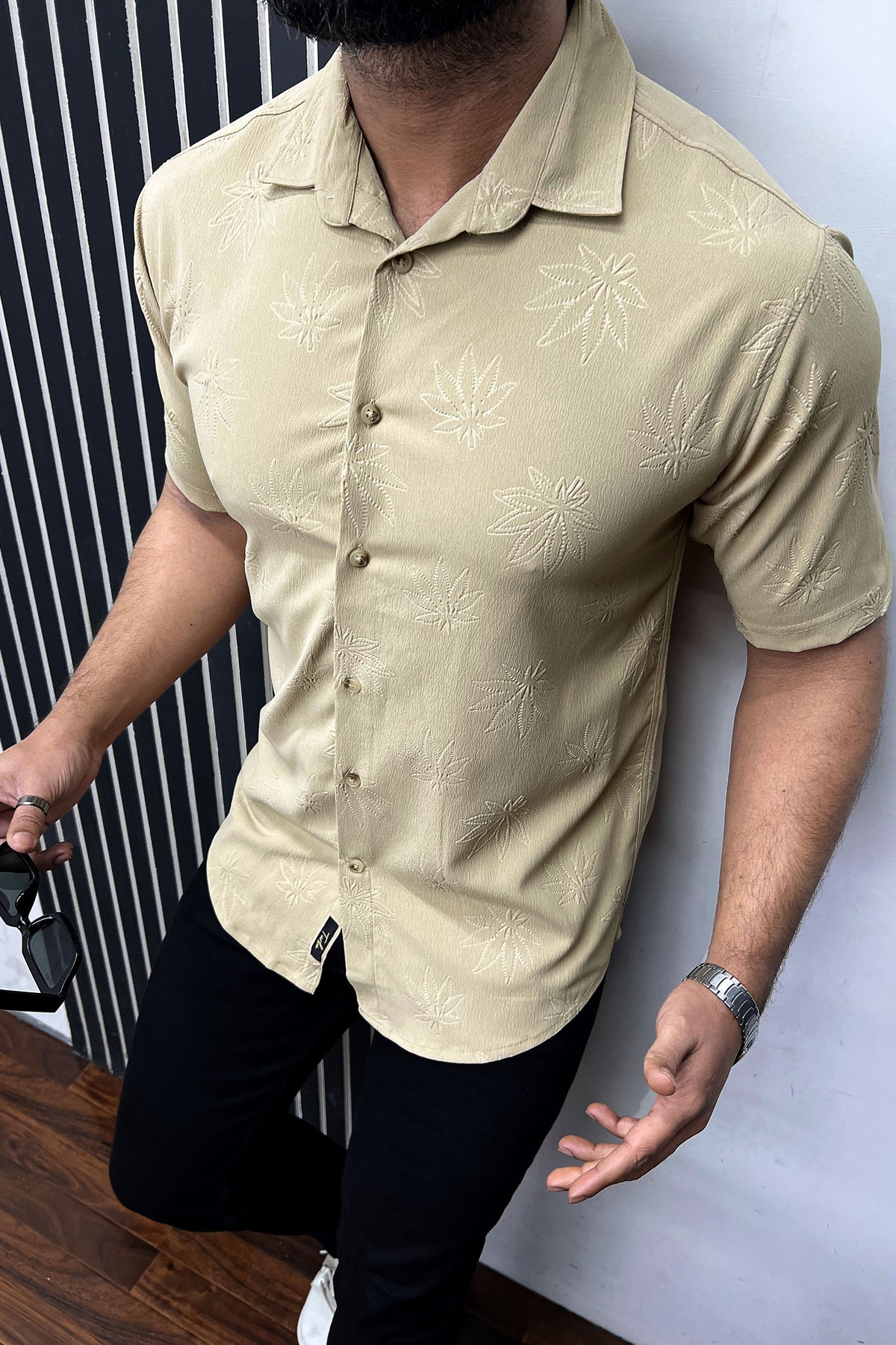 Embossed Leaf Floral All Over Casual Shirt In Light Skin