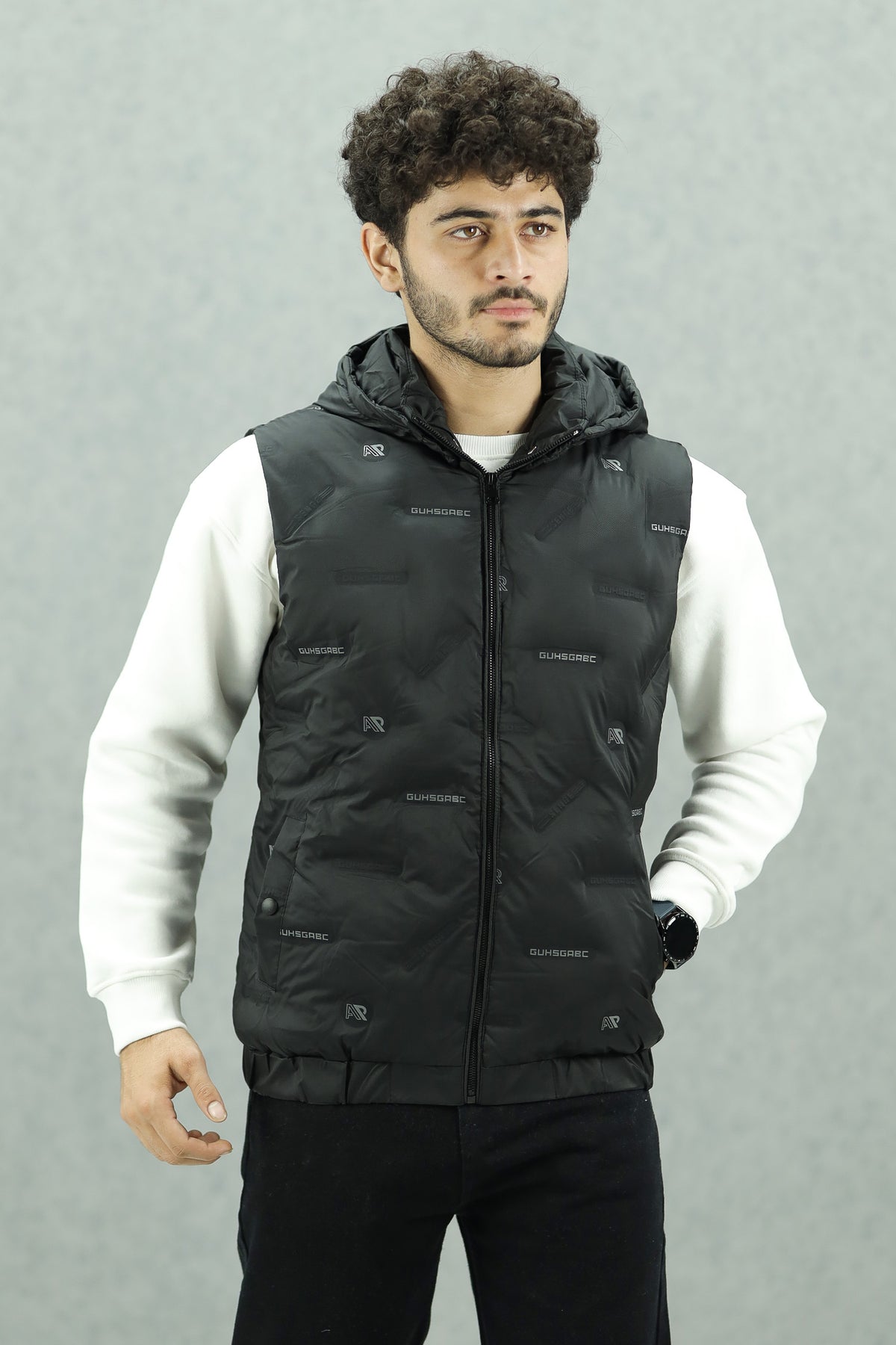 Embossed Design Quilted Detachable Hood Imported Men's Gilet