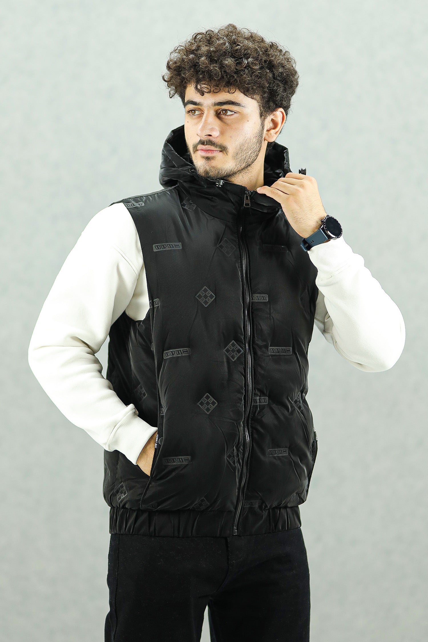 All Over Logo Detachable Hooded Imported Men's Gilet