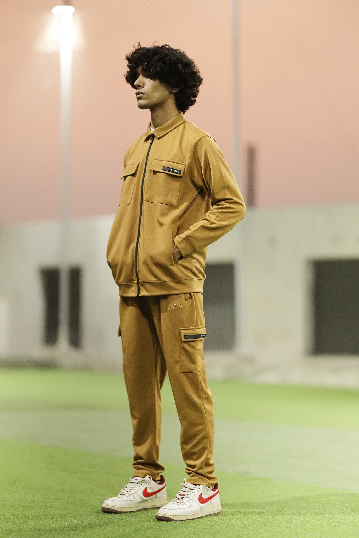 Turbo Collar Style Men Zipper Tracksuit in Camel