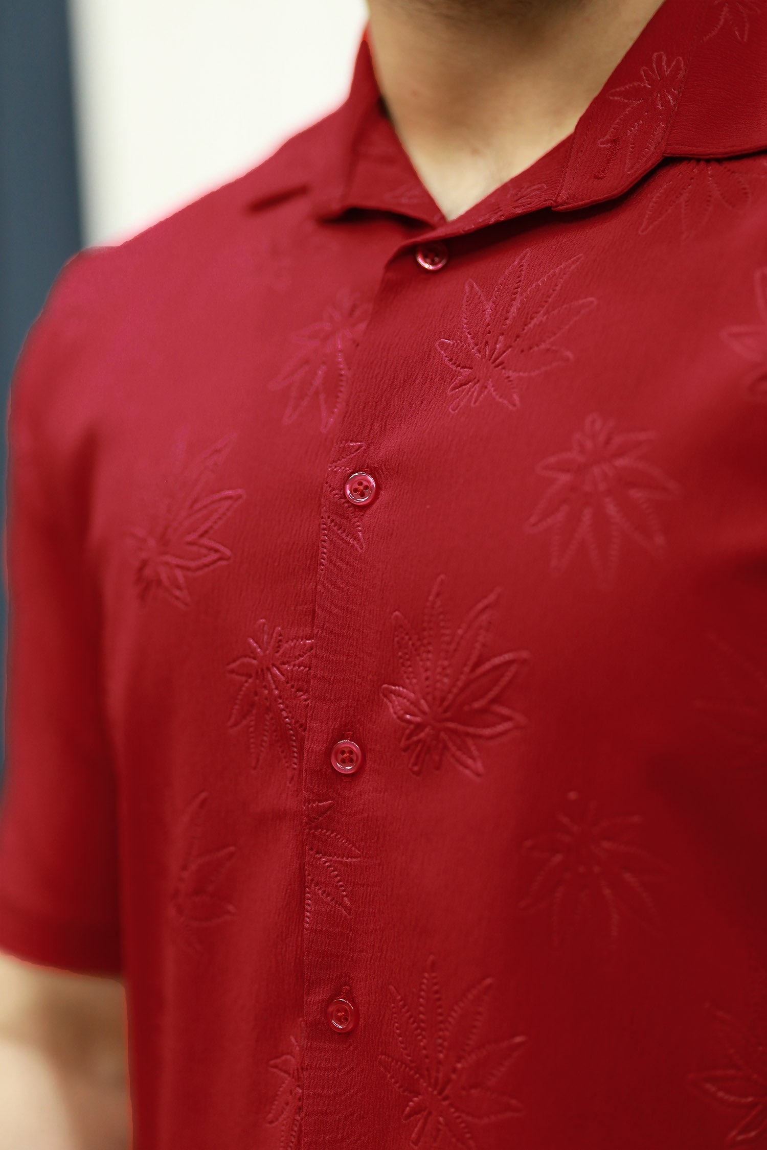 Embossed Leaf Floral All Over Casual Shirt In Maroon