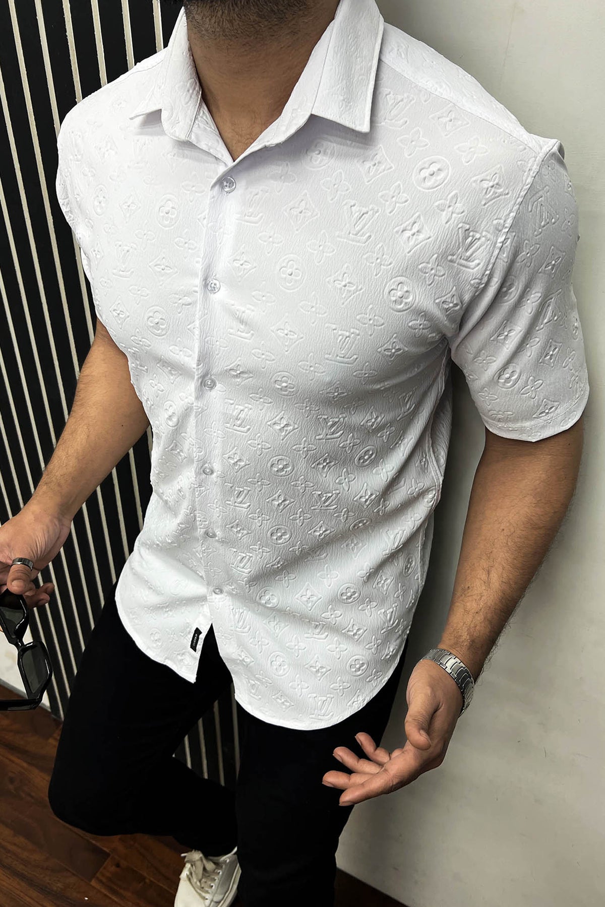 Embossed LV Logo Casual Shirt In White