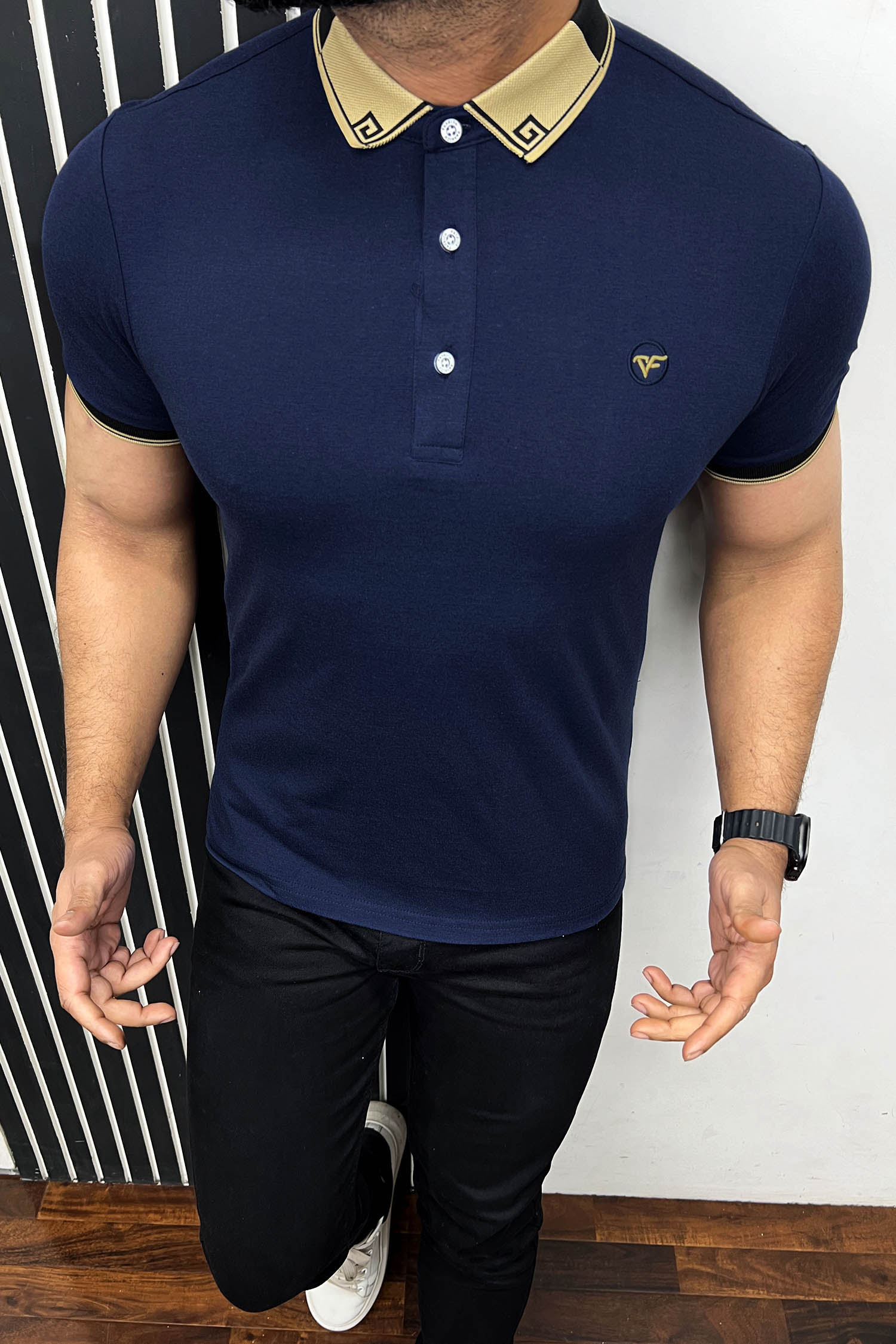 Two Tone Banded Collar And Sleeve Polo Shirt In Navy Blue