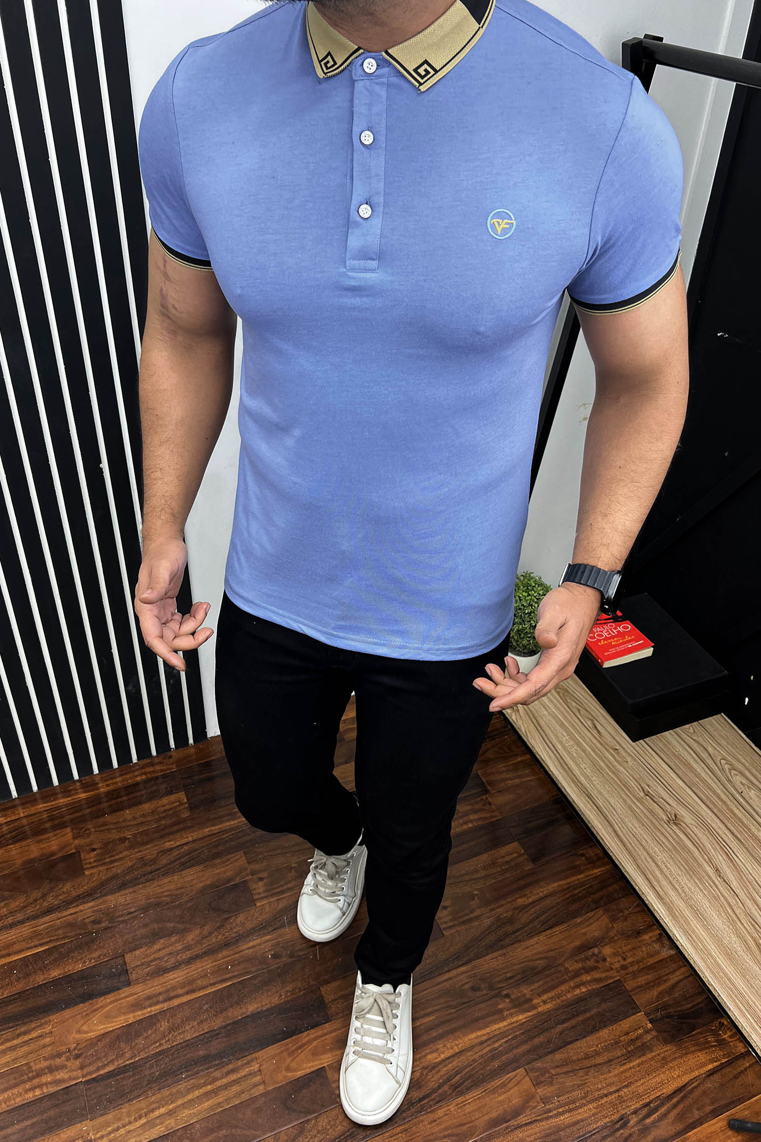 Two Tone Banded Collar And Sleeve Polo Shirt In Light Blue