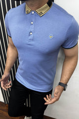 Two Tone Banded Collar And Sleeve Polo Shirt In Light Blue