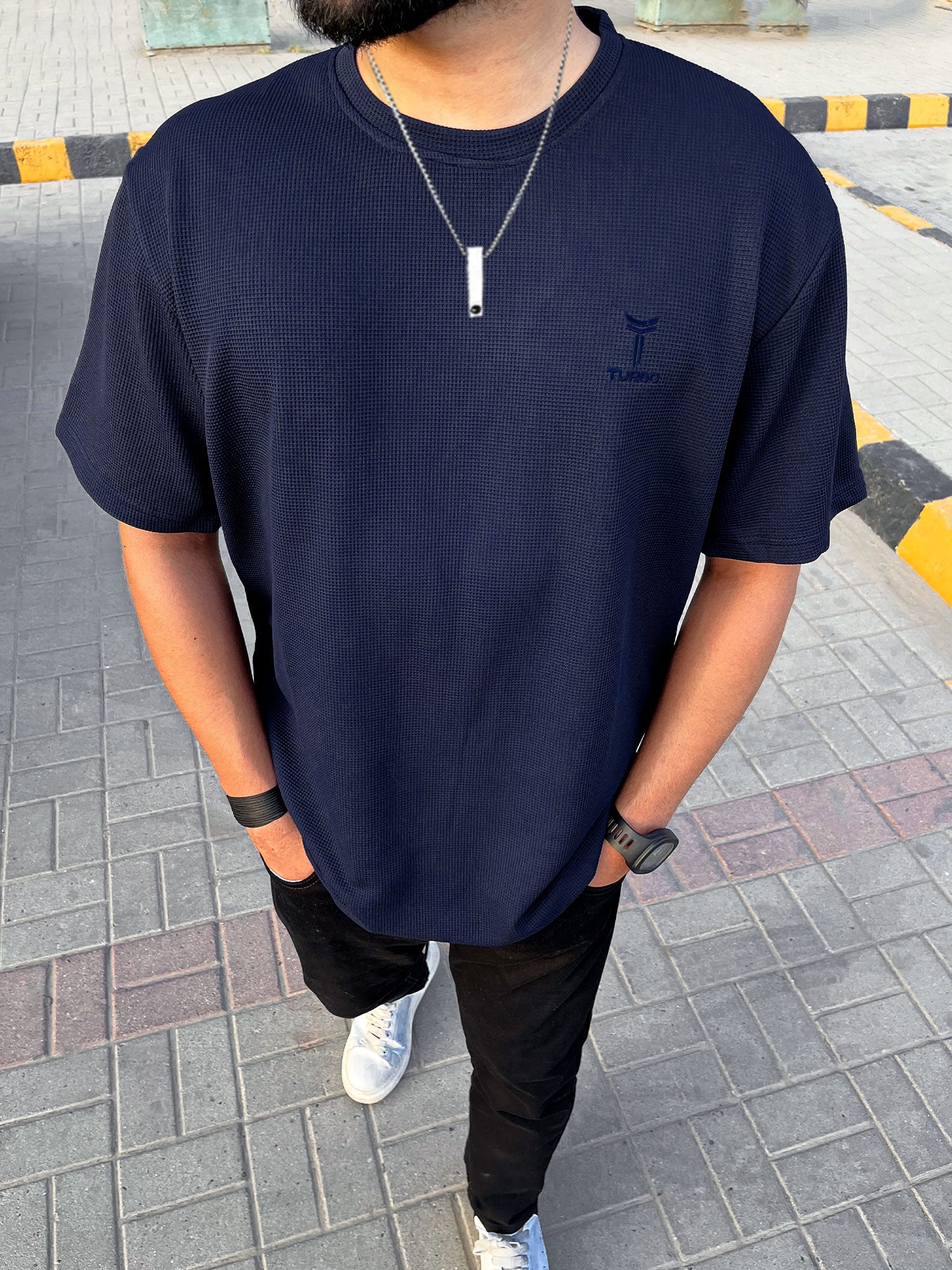 Self Texture Turbo Signature Regular Fit T-Shirt In Navy Blue