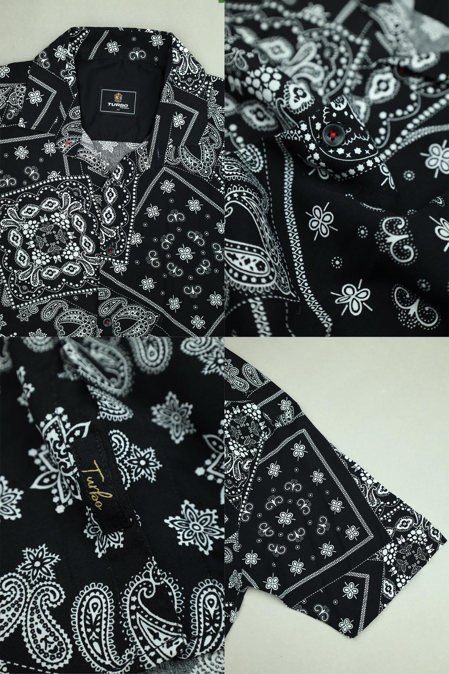 Vintage Paisley Design Half Sleeve Linen Casual Shirt In Black